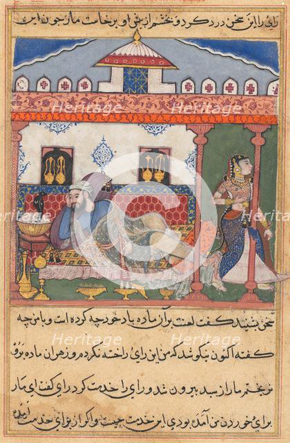 Page from Tales of a Parrot (Tuti-nama): Forty-third night: The snake, hidden in a basket..., c. 156 Creator: Unknown.