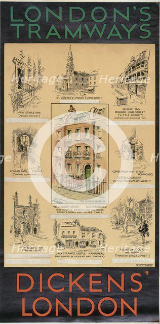 'Dickens' London', London County Council (LCC) Tramways poster, 1930. Artist: Will Owen