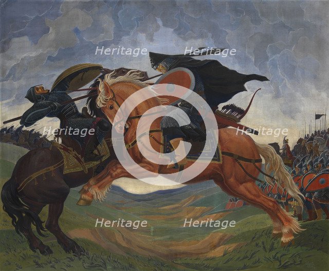 Single combat of Peresvet and Temir-murza on the Kulikovo Field in 1380. Artist: Jacobi, Mavriki Petrovich (1906-1938)