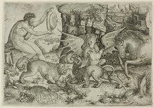 Allegory: Combat of Animals in the Presence of Man with Shield, 1515/20. Creator: Master of the Beheading of St. John the Baptist.