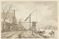 Winter landscape with houses and lifting gear along frozen canal, 1771. Creator: Jacob Cats.