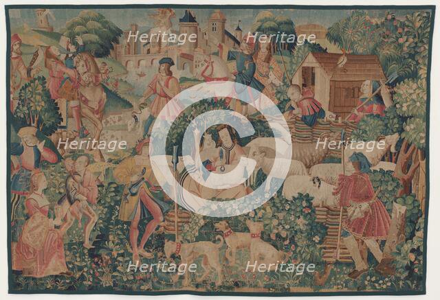 Hunting and Pastoral Scenes, with a shepherdess shearing, c. 1510. Creator: Unknown.