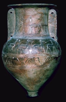 Greek vase showing Perseus killing a Gorgon. Artist: Unknown