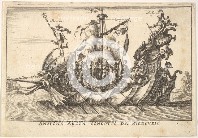 Plate 2: The Argonaut Amphion led by Mercury (Anfione Argon. condotto da Mercurio), with a..., 1664. Creator: Unknown.