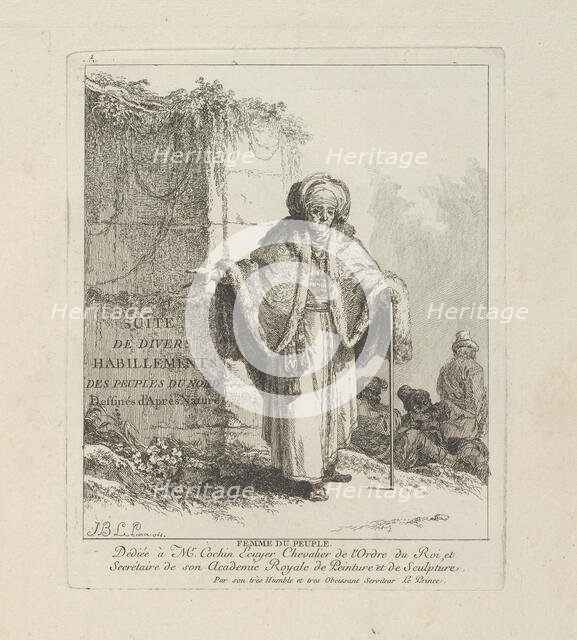 Woman of the People, plate one from Divers Habillements des Peuples du Nord, 1765. Creator: Jean Baptiste Le Prince.