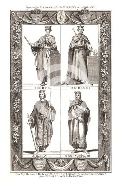 Portraits and Dresses of The Kings of England with coats of Arms, 1784. Artist: Unknown