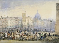 View of Smithfield Market with figures and animals, City of London, 1824.                            Artist: George Sidney Shepherd