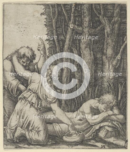 Man sleeping at the edge of a wood with a woman knealing at his side with one han..., ca. 1500-1534. Creator: Marcantonio Raimondi.