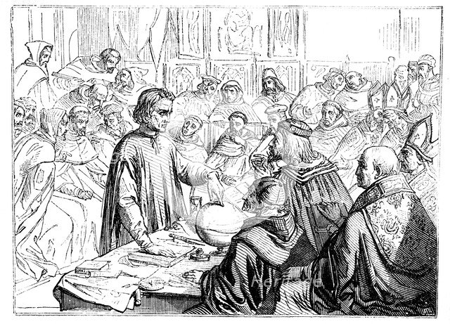 Christopher Columbus before the Council at Salamanca, Spain, 1487. Artist: Unknown