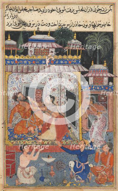 Page from Tales of a Parrot (Tuti-nama): Eighth night: The deceitful wife assaults…, c. 1560. Creator: Unknown.