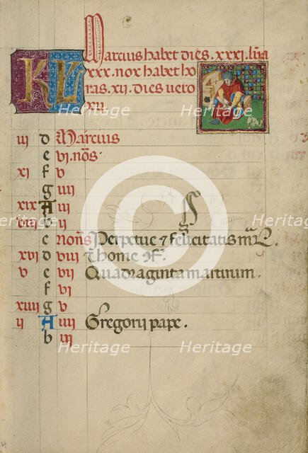 March Calendar Page; Tending Feet; Book of Hours, about 1460. Creator: Unknown.