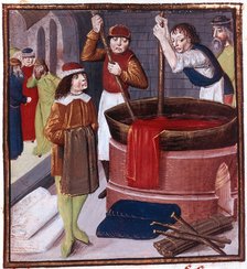 Dyers immersing bolt of cloth in vat of dye placed over a fire, 15th century. Artist: Unknown