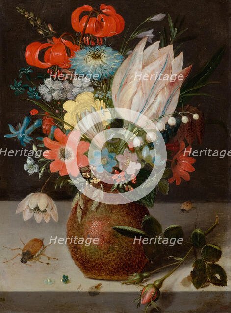 Still life with tulip, snowbell panicle and checkered flower in an engobe vase..., early 17th cen. Creator: Binoit; Peter (ca 1590-1632).