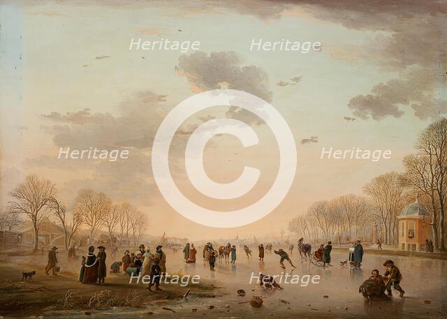Winter Landscape with Ice Skaters on a River, 1800. Creator: Andries Vermeulen.