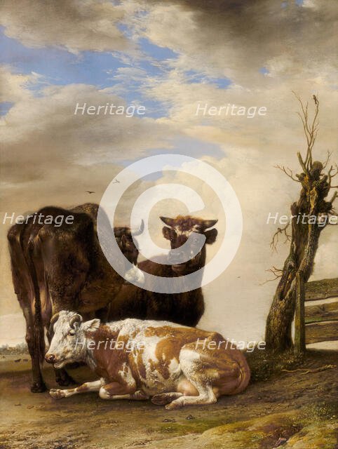 Two Cows and a Young Bull beside a Fence in a Meadow, 1647. Creator: Paulus Potter.