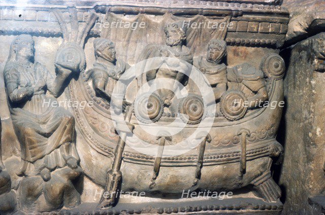 Etruscan Relief on funerary Urn, Odysseus (Ulysses) bound to mast with Sirens, c4th century BC. Artist: Unknown.