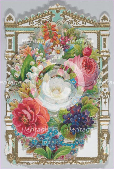 Valentine - Mechanical -- armoire, family, flowers, ca. 1875., ca. 1875. Creator: Anon.