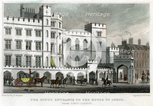 The King's entrance to the House of Lords, Palace of Westminster, London, 1829.Artist: William Deeble