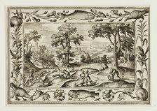 Hare Hunt, from Landscapes with Old and New Testament Scenes and Hunting Scenes, 1584. Creator: Adriaen Collaert.
