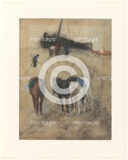 Horses on the beach, a barge and fishermen in the background, c.1867-c.1923. Creator: George Hendrik Breitner.