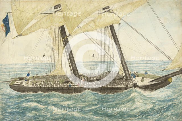 The Portuguese slaver Diligenté captured by H.M. Sloop Pearl with 600 slaves on board, May 1838. Creator: Henry Samuel Hawker.