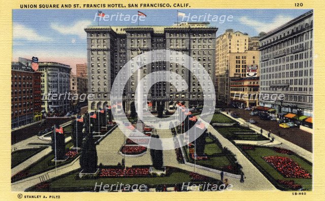 Union Square and St Francis Hotel, San Francisco, California, USA, 1945. Artist: Unknown