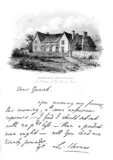 A note from Sterne to Garrick, and a view of Sterne's house in Yorkshire, 18th century, (1840). Artist: Unknown