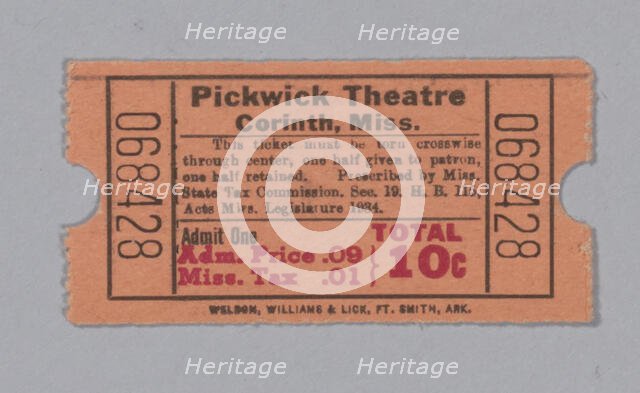 Ticket for the Pickwick Theatre, ca. 1940. Creator: Unknown.