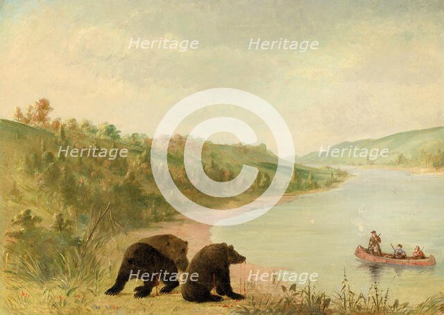 Catlin and His Men in Their Canoe, Urgently Solicited to Come Ashore, Upper Missouri, 1846-1848. Creator: George Catlin.