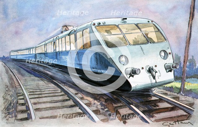 High-speed train, the solid and lightweight Bugatti PLM travelling to Vichy, drawing in L'Illustr…
