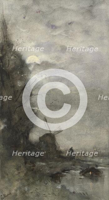 Landscape with a windmill by moonlight, 1847-1899. Creator: Jacob Henricus Maris.