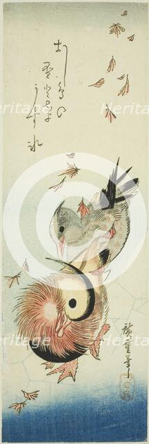 Mandarin ducks crossing icy pond amid falling leaves, 1830s. Creator: Ando Hiroshige.