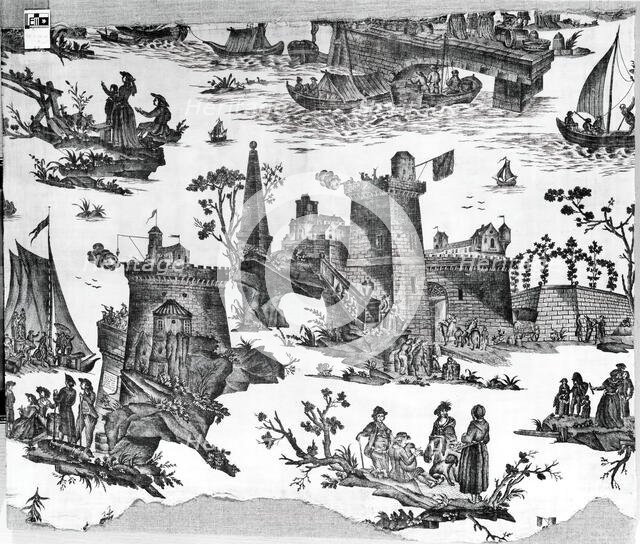 La Motte-Piquet Sauve un Convoi (Motte-Piquet Saves a Convoy) (Furnishing Fabric), Nantes, 1782. Creator: Petitpierre et Cie.