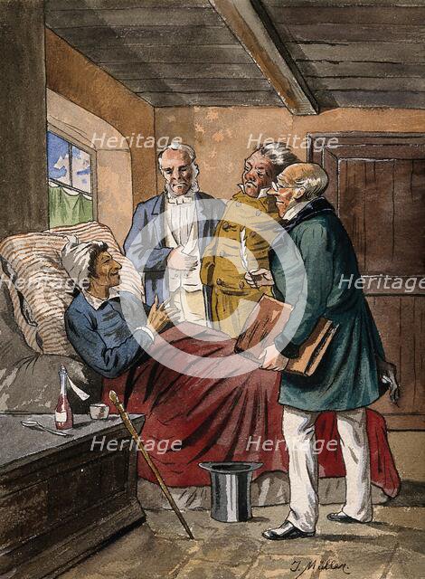 A sick man at home in bed discussing his case with three physicians, c1760s. Creator: Tobias Müller.