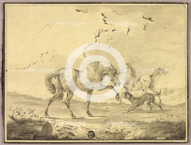 Two Horses Fighting Dog, n.d. Creator: Johann Georg Pforr.