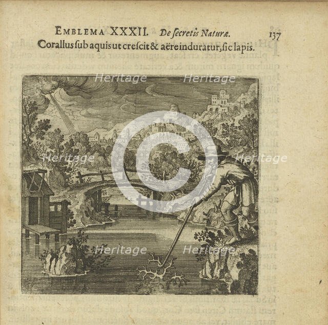 Emblem 32. The coral as it grows under the water and is hardened by air, so does the stone, 1816. Creator: Merian, Matthäus, the Elder (1593-1650).