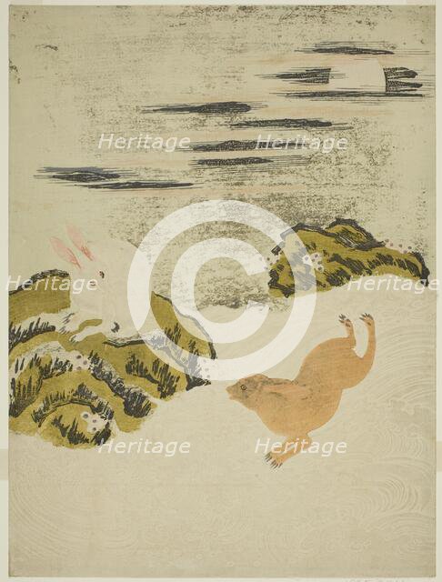 Hares Playing in Surf on a Moonlit Night, c. 1771. Creator: Isoda Koryusai.