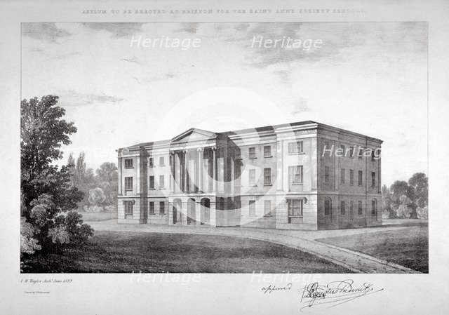 View of the Royal Asylum of St Ann's Society to be erected on Streatham Hill, London, 1829. Artist: Anon