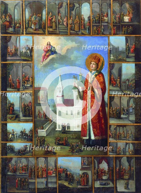 Saint Tsarevich Demetrius with Scenes from his Life, second half of the 18th century. Creator: Russian icon.