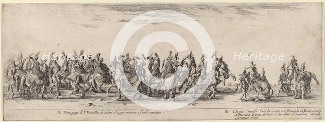Twenty Pages and Five Turkish Horses, 1633. Creator: Stefano della Bella.