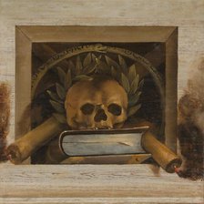 Vanitas Still Life with Scull with Laurel Wreath, Book and two Burning Candles, 1645-1650. Creator: Jacob van Campen.