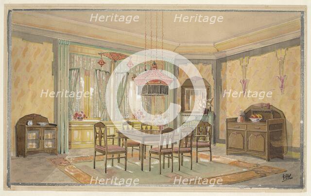 Dining room with yellow walls and red lamp, c.1925. Creator: Monogrammist HK.