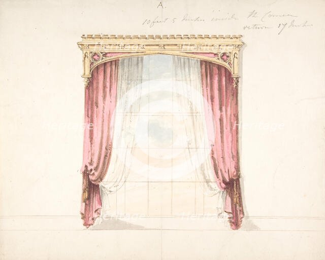 Design for Red Curtains with a Gothic Style Gold Pediment, early 19th century. Creator: Anon.
