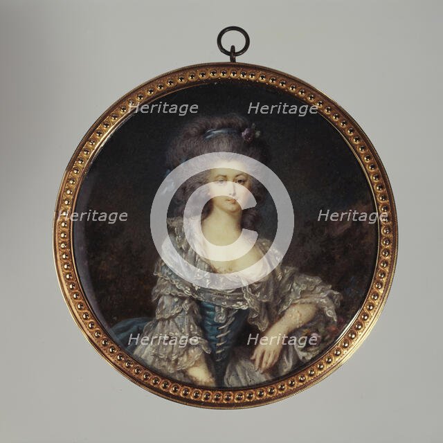 Portrait thought to be the Countess of Angiviller in a blue dress with lace, c1785. Creator: Jean Baptiste Joseph Le Tellier.