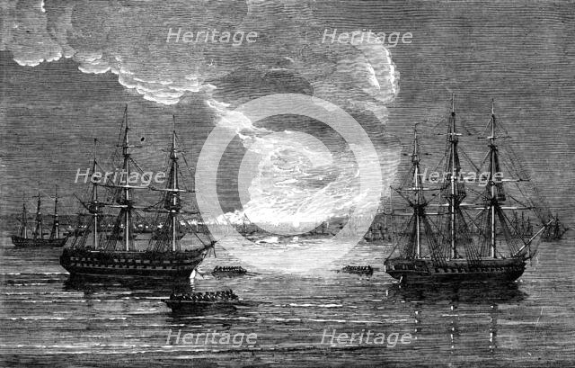 Conflagration at Varna: French Line-of-Battle ship "Bayard" - H.M. Frigate "Leander", 1854. Creator: Unknown.