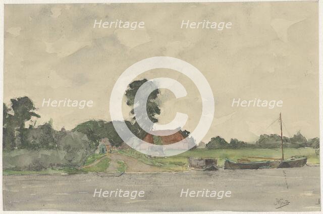 River landscape with farm, 1869-1941. Creator: Johannes Abraham Mondt.