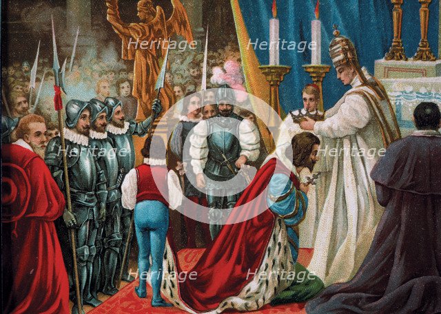 Drawing of the coronation as emperor by Pope Clemente VII in 1529. Charles V (1500-1558) King of …