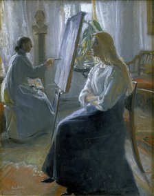 'In the Studio, Anna Ancher, the Artist's Wife Painting', late 19th-early 20th century.  Artist: Michael Peter Ancher