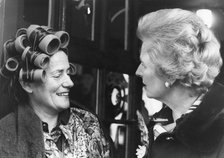 Margaret Thatcher chats to Madame Anne Marie Baudino in a hairdressers, 16th February 1977. Artist: Unknown
