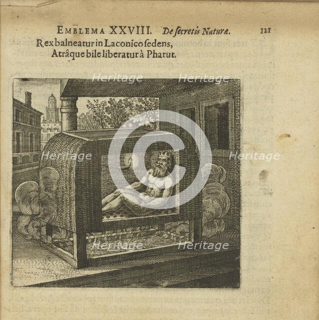 Emblem 28. The king bathes in the airy bath and is rid of the black bile by Pharut, 1618. Creator: Merian, Matthäus, the Elder (1593-1650).